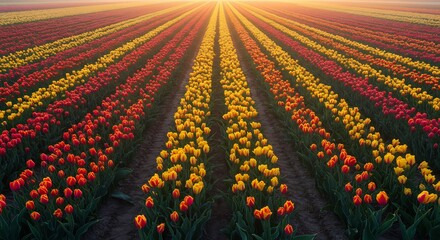 地平線へと無限に続く鮮やかな赤と黄色のチューリップ畑を柔らかな黄金色の夕陽がドラマチックに照らし出す 息をのむような色のグラデーションが広がり視線を奥へと誘う春の絶景. AI Generated