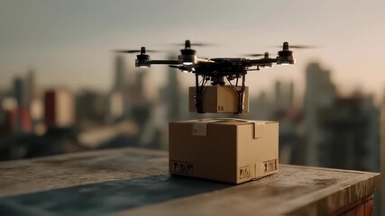 A drone delivers a package above a city, placing it near another box - Powered by Adobe