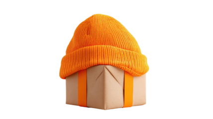 creative winter gift box wearing orange knitted beanie hat playful festive holiday surprise on white background