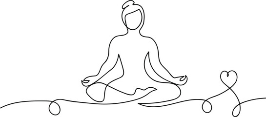 Woman sitting in lotus pose yoga. Continuous line drawing of a woman meditating in lotus pose with a heart. A minimalist continuous line drawing depicts a serene figure in a meditative lotus pose, sym