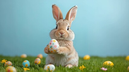 Cute brown rabbit holding decorated easter egg grass with spring flowers scattered colorful eggs - Powered by Adobe