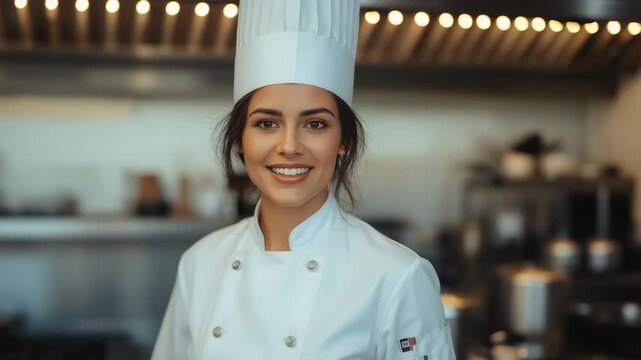 Smiling young chef in white uniform and toque in professional kitchen, confident and warm cook