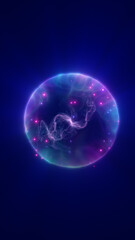 Glowing purple energy sphere with floating particles and swirling light patterns on a deep blue background