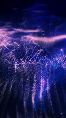 Abstract violet and blue glowing waves made of digital particles, symbolizing futuristic data transfer and connectivity