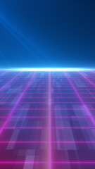 Futuristic neon grid landscape with glowing pink lines and a bright blue horizon in a digital sci-fi environment