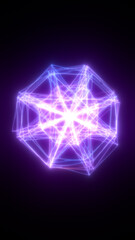 Glowing purple geometric structure with electrified lines forming a radiant abstract energy shape on a dark background