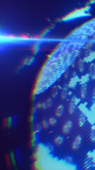 Digital globe with bright blue light rays and glitch effects, symbolizing technology, internet, and data connections