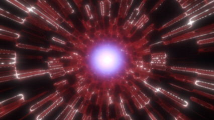 Red glowing tunnel of energy with bright center and luminous moving light beams