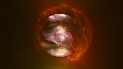 Fiery golden energy core swirling within a glowing orb, wrapped by translucent electric patterns