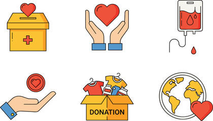 Charity and donation icons set featuring blood donation clothes box heart hands and global humanitarian support flat vector illustration