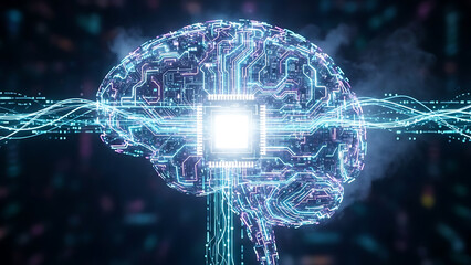 Glowing circuit brain with neon lights and microchip core technology