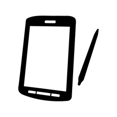 Black and white illustration of a tablet with a stylus nearby it