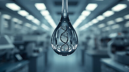 Transparent liquid droplet with dna helix inside futuristic laboratory symbolizing biotechnology genetics and scientific innovation concept