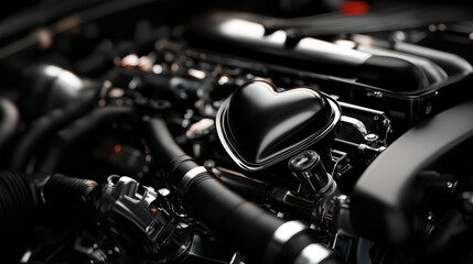 Fototapeta premium Heart Shaped Car Engine Detail Symbolizing Passion for Automotive Engineering, Mechanical Power, Performance Technology and Love for Motors