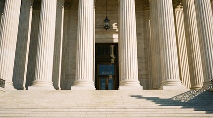 Fototapeta premium A striking low angle view showcases the majestic neoclassical architecture of a courthouse featuring prominent columns and a shadowed entrance