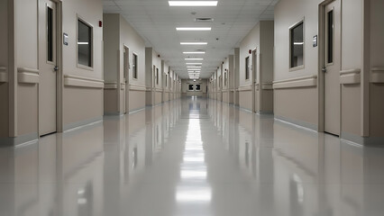 Long hospital corridor with shiny floor and beige walls