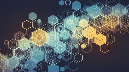 Network of translucent hexagons with blue and green gradient colors.