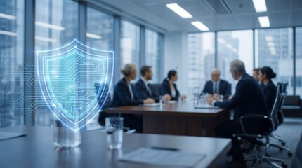 A modern office meeting is visually enhanced with a glowing digital shield symbolizing cybersecurity and data protection measures in business