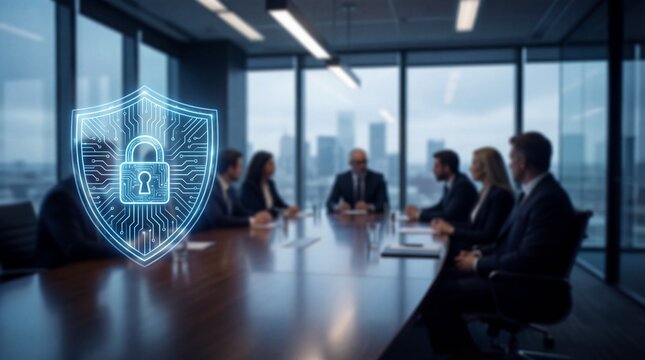 A blurred view of a business meeting with a prominent digital shield overlay highlighting cybersecurity concerns within corporate environments and data protection