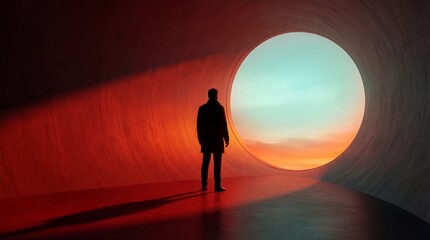 A solitary figure stands within a vibrant tunnel gazing towards a bright circular opening filled with a serene and colorful landscape