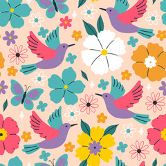 Seamless pattern with birds and flowers. Vector graphics.