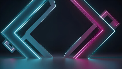 Modern abstract neon background featuring glowing geometric shapes with cyan and magenta light accents. Clean dark composition with futuristic style, suitable for technology, digital design, and creat
