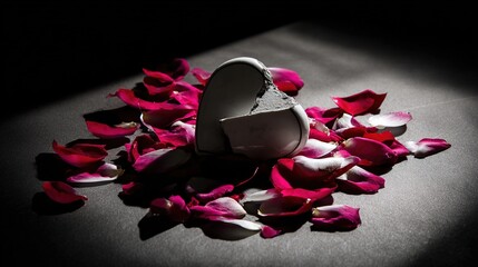 sorrow. A broken ceramic heart and scattered rose petals on a dark surface with dramatic shadows. wellbeing guides, coaching materials, designed for mental health education and mindfulness programs.