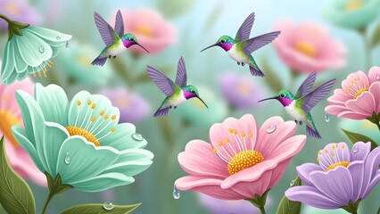 Four vibrant jewel-toned hummingbirds hover gracefully among large pastel flowers adorned with sparkling dewdrops in a beautiful serene garden setting