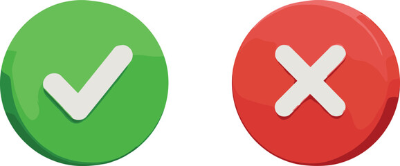 Fototapeta premium Green check mark and red cross icons set representing correct and incorrect choices, approval and rejection symbols in flat design