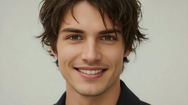 Young man smiling portrait headshot close up with soft lighting neutral background and casual