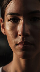 Obraz premium Close-up of a woman's face with dramatic lighting and shadows.