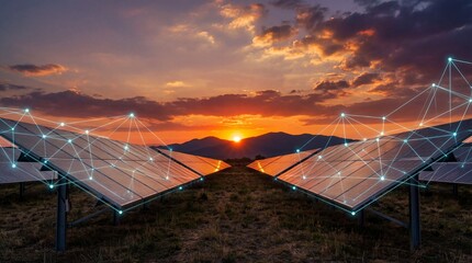 A vibrant sunset illuminates a field of solar panels overlaid with a glowing network of interconnected digital lines symbolizing sustainable energy