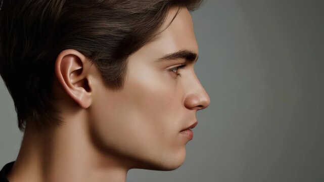Young man profile portrait side view with soft lighting neutral background calm expression smooth