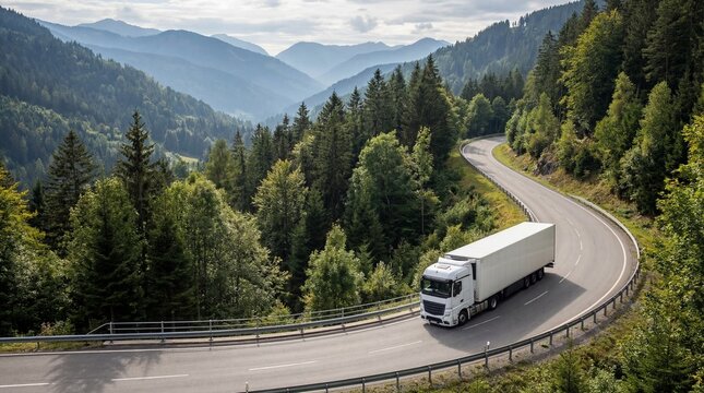 a winding mountain road with a white commercial truck traveling along its curves surrounded by lush green forests high quality - Powered by Adobe