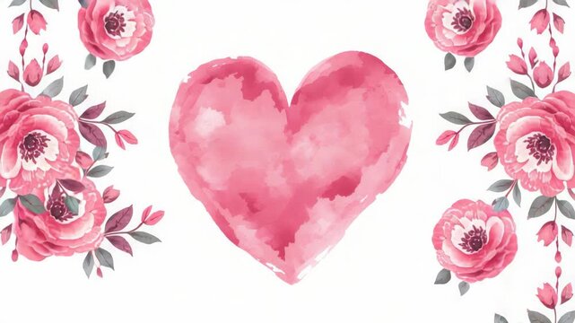 Pink watercolor heart with floral corner bouquet and rose accents, romantic soft delicate texture