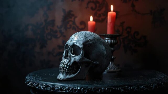 Cracked skull on ornate table with candlelight, glowing candles and eerie cracked candle ambiance