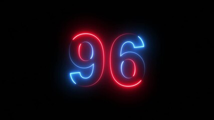 Abstract glowing neon text 96 number countdown icon. Educational mathematics 96 animation on black background. - Powered by Adobe