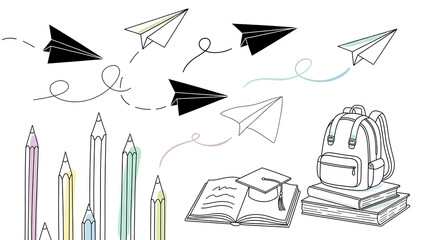 Minimal back to school doodle artwork, black ink line doodles with soft pastel accents, pencils, paper planes, backpack, notebook, graduation cap, playful composition, modern and clean style