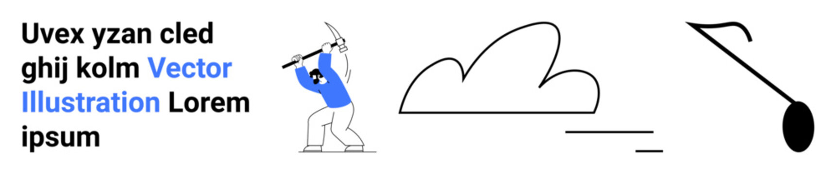 Mining, construction, labor force, weather, tools, abstract design. Worker with a pickaxe, a stylized cloud and minimalistic shapes. Mining and construction concept with clean visuals