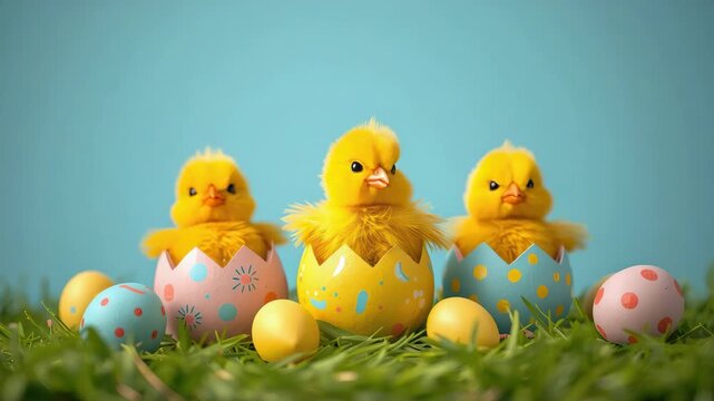 Cute yellow chick hatching from painted eggshell grass with colorful Easter egg decor