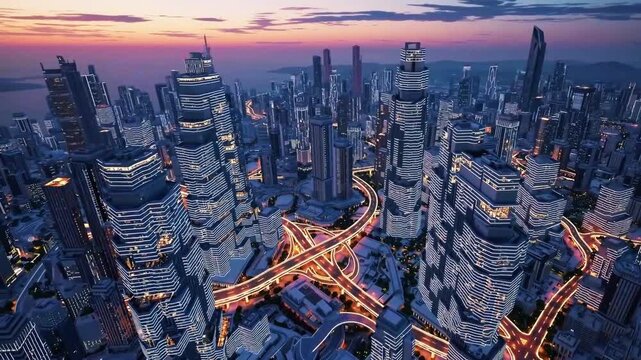 Futuristic megacity at dusk seen aerially, luminous skyscrapers ring a web of elevated highways, warm traffic trails in foreground and dense skyline beyond, futuristic smart city concept
