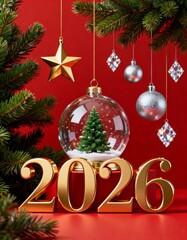 Creative vertical 2026 golden numbers layout with festive Christmas ornaments and snow globe.