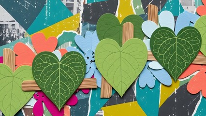 Colorful paper craft collage featuring stylized heart shaped green leaves intertwined with vibrant abstract shapes creating a cheerful botanical feeling
