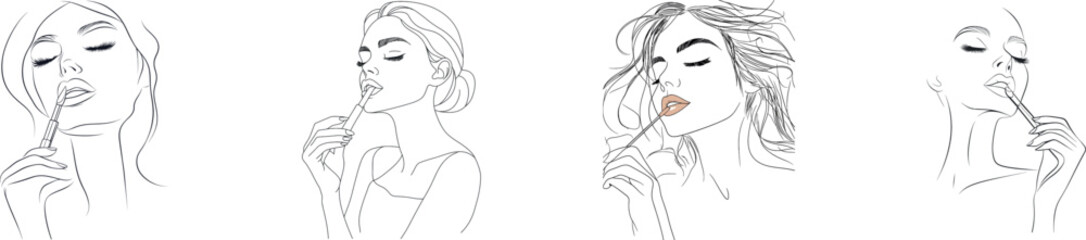 A one-line drawing style modern illustration portrays a beautiful woman applying lipstick to her lips