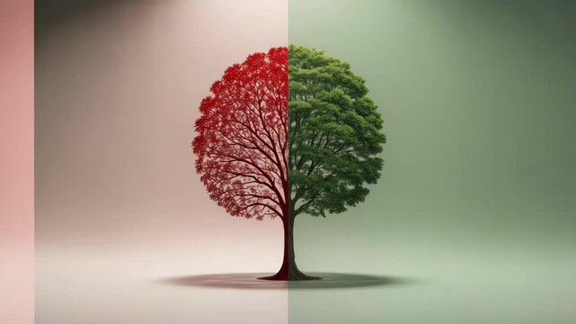 Red and green tree split down middle symbolizing contrast balance vivid split duality