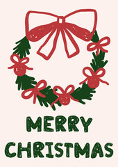 Whimsical Christmas vector card. Vintage retro holidays print design with Christmas wreath coquette illustration