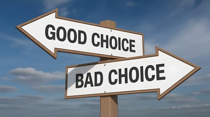 Two directional signs pointing in opposite directions labeled good choice and bad choice against a blue sky with clouds