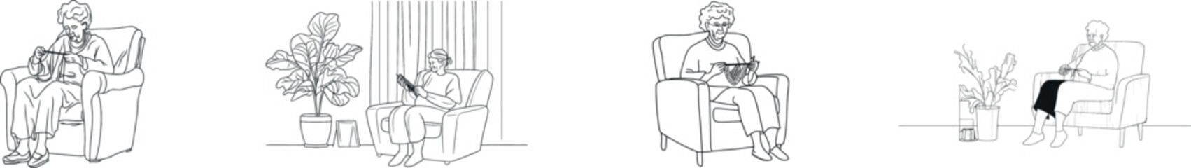 The grandmother is engaged in knitting a continuous line, effectively producing a hand-drawn piece of modern line art