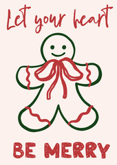 Whimsical Christmas vector card. Vintage retro holidays print design with gingerbread man coquette illustration