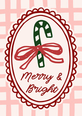 Whimsical Christmas vector card. Vintage retro holidays print design with candy cane illustration in coquette frame on plaid background